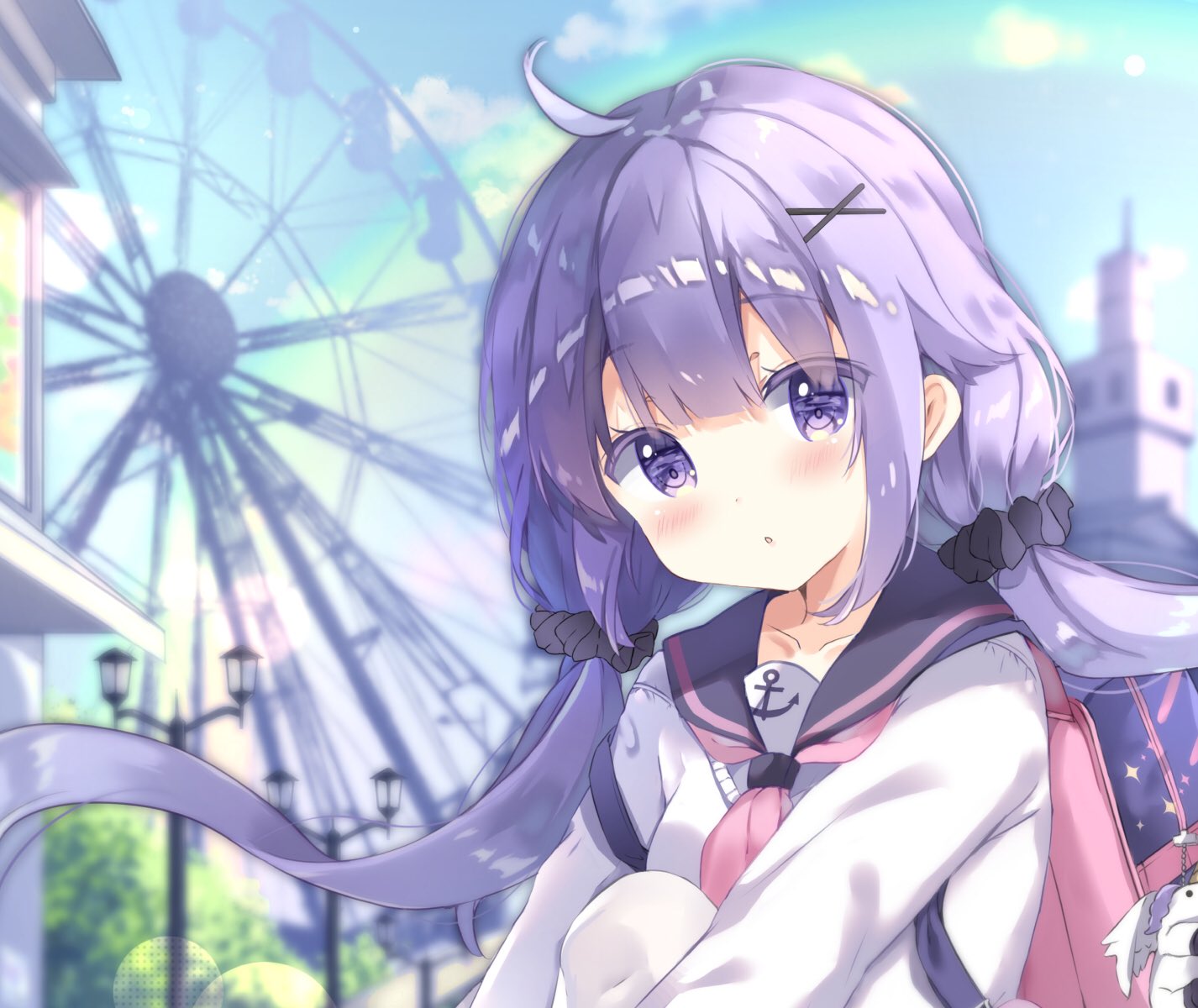 1girl :o ahoge anchor_symbol azur_lane backpack bag bag_charm bangs black_sailor_collar black_scrunchie blue_sky blush charm_(object) collarbone commentary_request day eyebrows_visible_through_hair ferris_wheel hair_between_eyes hair_ornament hair_scrunchie hairclip highres knee_up lamppost long_hair looking_at_viewer low_twintails outdoors parted_lips pink_neckwear purple_hair saeki_sora sailor_collar school_uniform scrunchie serafuku sitting sky solo sweater twintails unicorn_(amusement_park_date)_(azur_lane) unicorn_(azur_lane) very_long_hair violet_eyes white_sweater x_hair_ornament