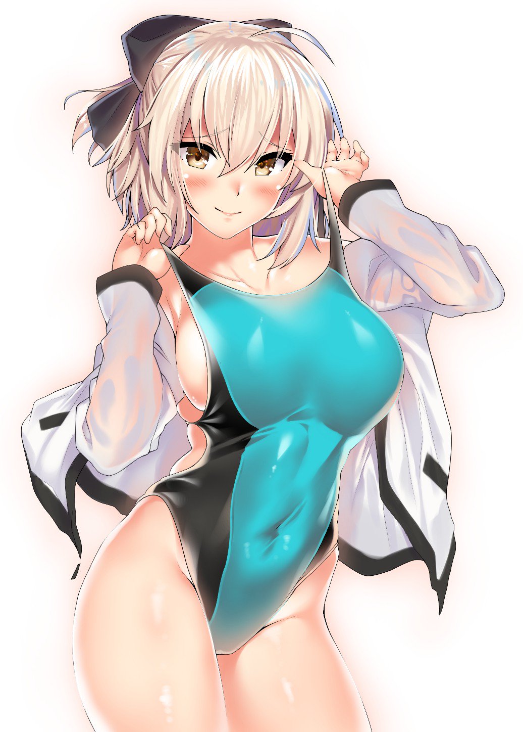 1girl aqua_swimsuit beach black_bow bow breasts collarbone commentary_request competition_swimsuit covered_navel cowboy_shot fate/grand_order fate_(series) hair_bow half_updo highleg highleg_swimsuit highres kawai koha-ace light_brown_hair looking_at_viewer medium_breasts okita_souji_(fate) okita_souji_(fate)_(all) one-piece_swimsuit shinsengumi short_hair smile solo swimsuit white_background