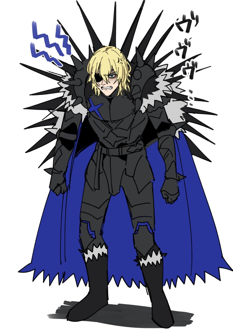 1boy anger_vein angry armor black_armor blonde_hair blue_cape cape clenched_hands clenched_teeth dimitri_alexandre_bladud eyepatch fire_emblem fire_emblem:_three_houses highres hunched_over male_focus older oragamura999 simple_background spiked_armor teeth white_background