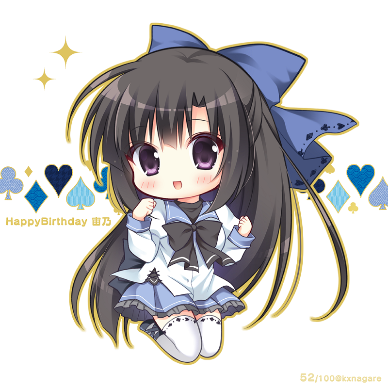 1girl :d bangs black_bow black_footwear black_hair blue_bow blue_sailor_collar blue_skirt blush bow brown_outline character_name chibi club_(shape) commentary_request diamond_(shape) eyebrows_visible_through_hair frilled_skirt frills full_body gaku_ou hair_bow hands_up happy_birthday heart long_hair long_sleeves looking_at_viewer open_mouth outline pleated_skirt ryuuka_sane sailor_collar school_uniform serafuku shirt shoes skirt smile solo sorano_(gaku_ou) spade_(shape) sparkle thigh-highs twitter_username very_long_hair violet_eyes white_background white_legwear white_shirt