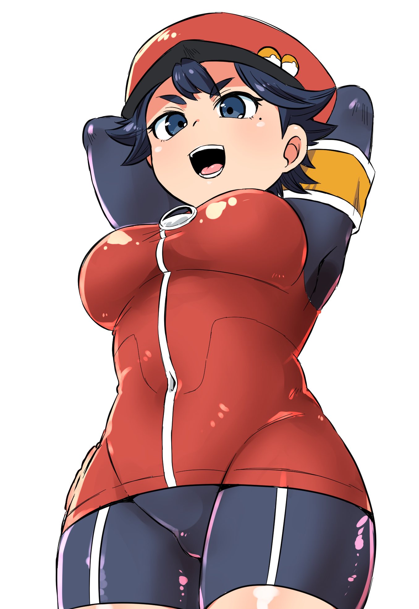 1girl arms_behind_head bike_shorts black_hair breasts hat highres keriage mole mole_under_eye pokemon pokemon_masters pokemon_ranger_(pokemon) short_hair smile uniform white_background