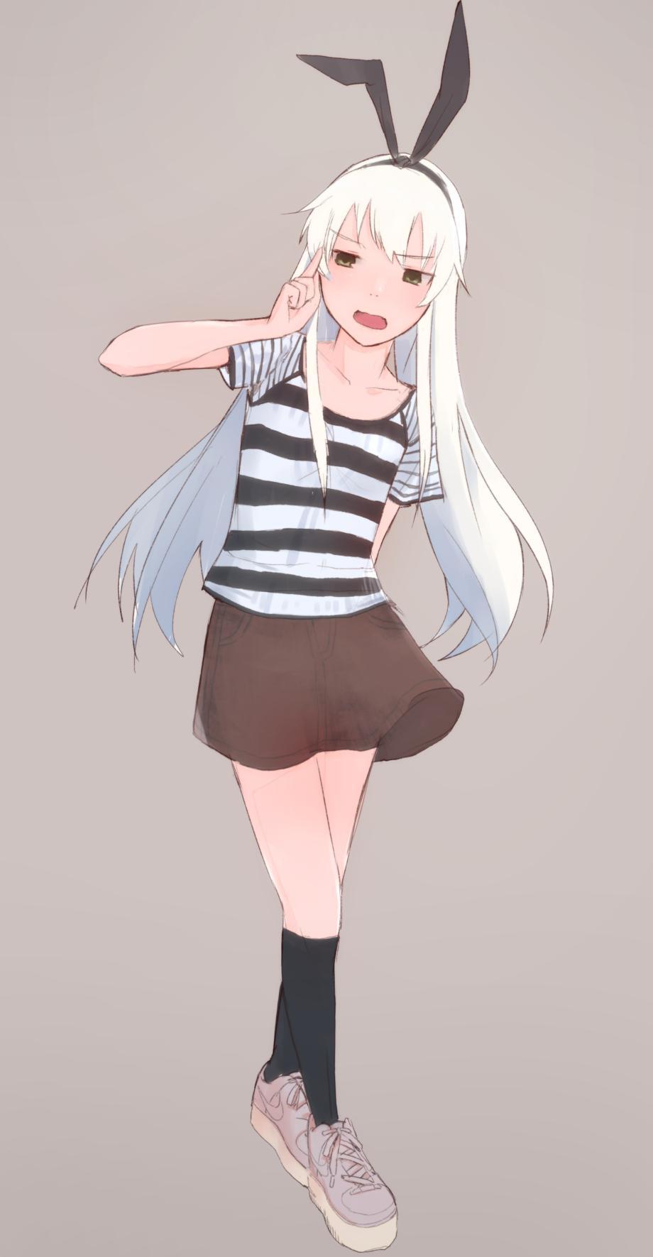 1girl alternate_costume black_hairband black_legwear blonde_hair brown_background brown_eyes brown_skirt casual hairband highres kantai_collection kneehighs long_hair looking_to_the_side open_mouth sakieko shimakaze_(kantai_collection) shoes short_sleeves simple_background skirt sneakers solo standing striped striped_skirt