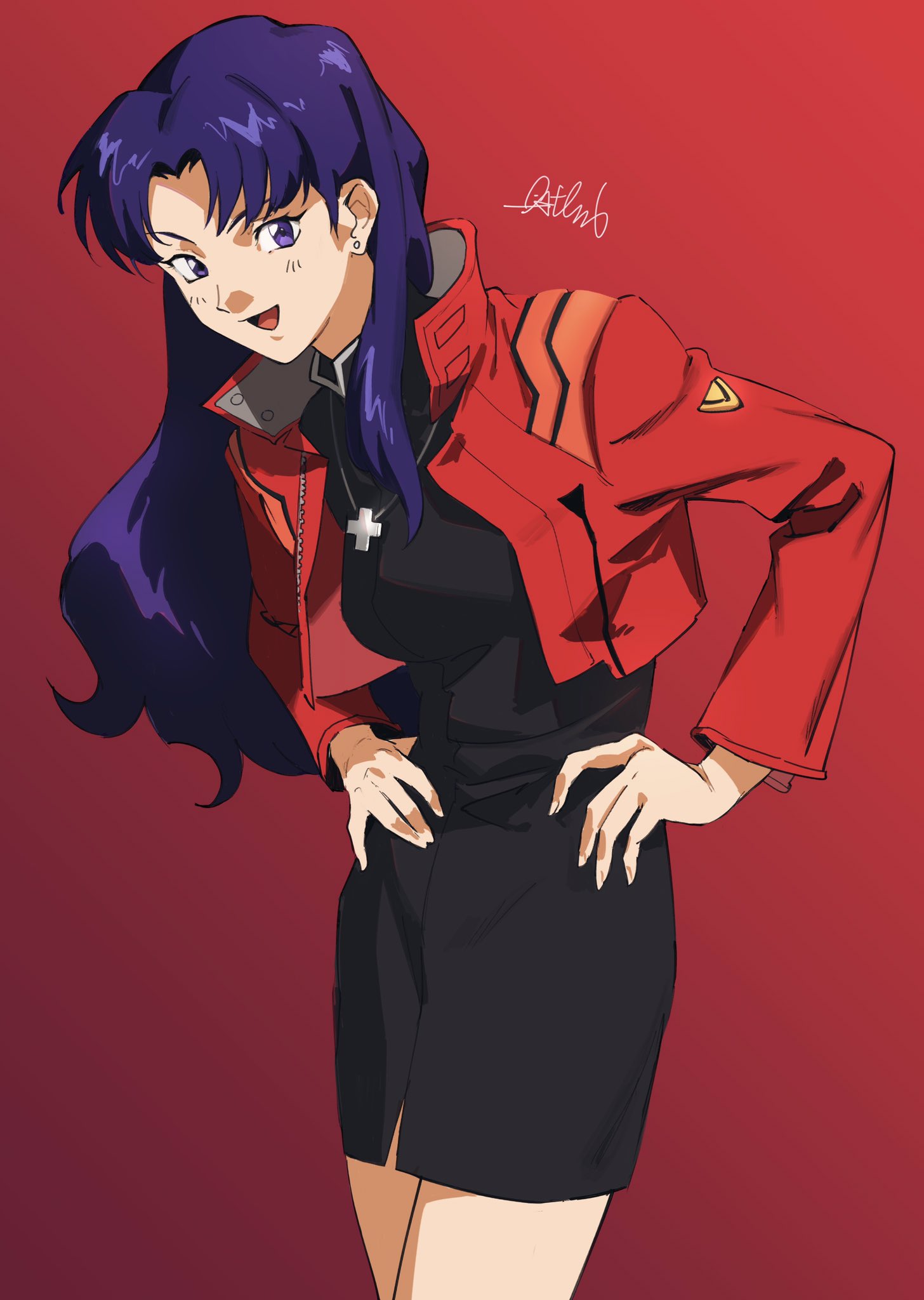 1girl black_dress blue_eyes blue_hair dress earrings gradient gradient_background hands_on_hips highres jacket jewelry katsuragi_misato long_hair necklace neon_genesis_evangelion official_style open_mouth red_background red_jacket roru_(lol_dessin) signature smile solo stud_earrings