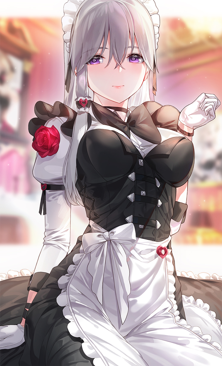 1girl apron arm_support bangs black_neckwear blurry blurry_background blush bow bowtie breasts flower gloves grey_hair hair_between_eyes hand_up highres indoors juliet_sleeves kfr long_hair long_sleeves maid maid_headdress original puffy_sleeves rose sidelocks sitting solo violet_eyes white_gloves