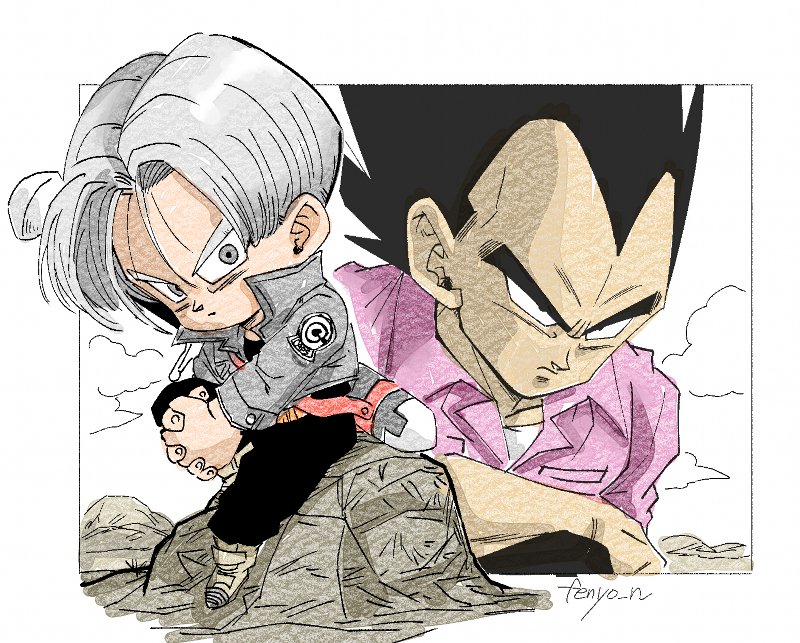 2boys black_eyes black_hair black_pants boots capsule_corp chibi clouds cloudy_sky commentary_request denim denim_jacket dragon_ball dragon_ball_z dress_shirt expressionless father_and_son fenyon fingernails frown full_body grey_eyes grey_hair hands_clasped interlocked_fingers jacket looking_at_another looking_away male_focus multiple_boys outdoors own_hands_together pants pink_shirt rock serious shirt sitting sitting_on_rock sky spiky_hair sword trunks_(future)_(dragon_ball) twitter_username undershirt upper_body vegeta weapon wide-eyed