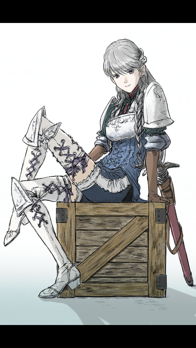 1girl armor boots box braid brown_gloves corset gloves grey_eyes grey_hair long_hair looking_at_viewer on_box ravness_loxaerion sheath simple_background sitting solo sword tactics_ogre thigh-highs thigh_boots twin_braids weapon white_background windcaller