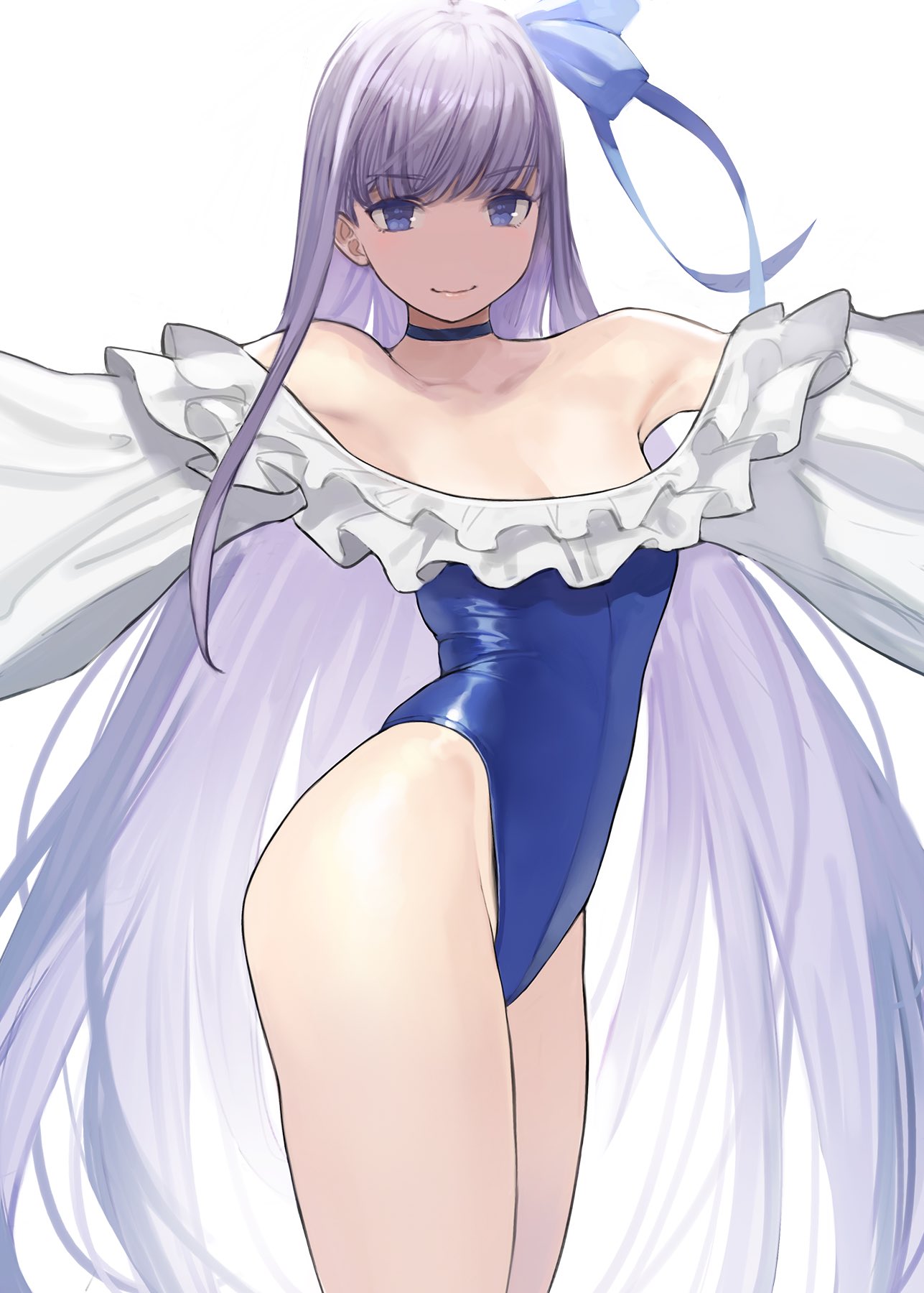 1girl bangs bare_shoulders blue_eyes blue_ribbon blush breasts choker closed_mouth collarbone eyebrows_visible_through_hair fate/grand_order fate_(series) hair_between_eyes highleg highleg_swimsuit highres long_hair long_sleeves looking_at_viewer meltryllis meltryllis_(swimsuit_lancer)_(fate) outstretched_arms purple_hair ribbon simple_background sleeves_past_fingers sleeves_past_wrists small_breasts smile solo swimsuit thighs very_long_hair white_background yomu_(sgt_epper)