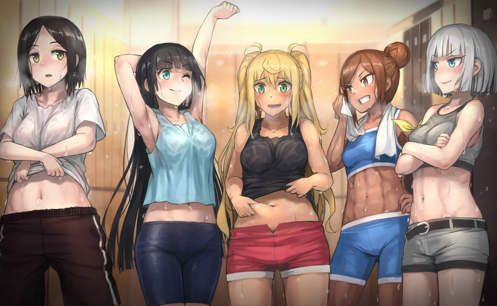 5girls abs arm_up armpits belly_grab bike_shorts blush commentary_request cowboy_shot crossed_arms danberu_nan_kiro_moteru? dark_skin fang gina_boyd lif lifted_by_self long_hair looking_at_viewer midriff multiple_girls navel one_eye_closed sakura_hibiki_(danberu_nan_kiro_moteru?) shirt shirt_lift shorts smile souryuuin_akemi sports_bra standing stretch sweat tachibana_satomi tan tank_top towel uehara_ayaka wet wet_clothes wet_shirt white_shirt