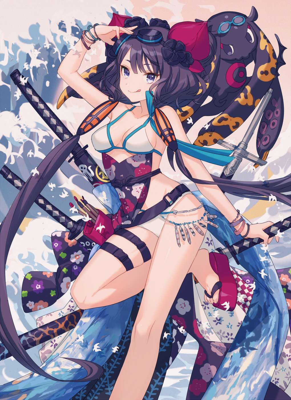 1girl asuda bangs bare_arms bare_legs bare_shoulders belt bikini black_flower blue_eyes blush bracelet breasts fate/grand_order fate_(series) floral_print flower goggles goggles_on_head hair_ornament highres jewelry katana katsushika_hokusai_(fate/grand_order) katsushika_hokusai_(swimsuit_saber)_(fate) large_breasts licking_lips looking_at_viewer octopus purple_hair smile swimsuit sword tokitarou_(fate/grand_order) tongue tongue_out weapon white_bikini