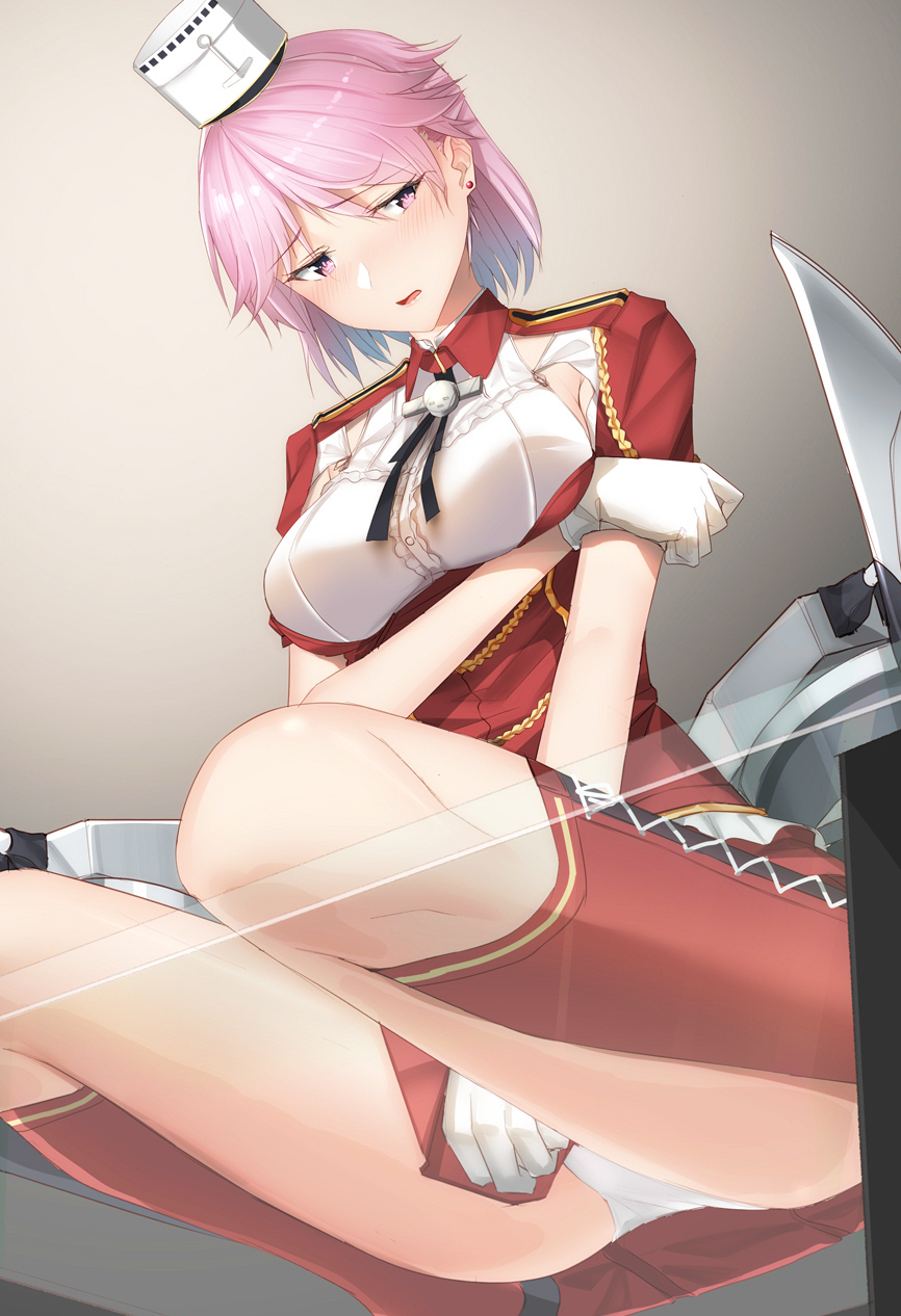 1girl arm_under_breasts blush breasts cannon earrings embarrassed from_below giuseppe_garibaldi_(kantai_collection) glass gloves hat highres jewelry kantai_collection large_breasts looking_at_viewer pallad panties pantyshot parted_lips pink_eyes pink_hair pleated_skirt red_legwear red_skirt rigging short_hair short_sleeves sideboob sitting skirt solo stud_earrings thighs turret underwear wariza white_gloves white_headwear white_panties