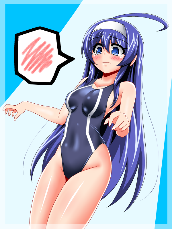 1girl ahoge black_swimsuit blue_background blue_eyes blue_hair breasts commentary_request competition_swimsuit cowboy_shot hairband highleg highleg_swimsuit huge_ahoge long_hair one-piece_swimsuit orie_(under_night_in-birth) small_breasts solo spoken_blush standing swimsuit two-tone_background under_night_in-birth white_background white_hairband yaeba