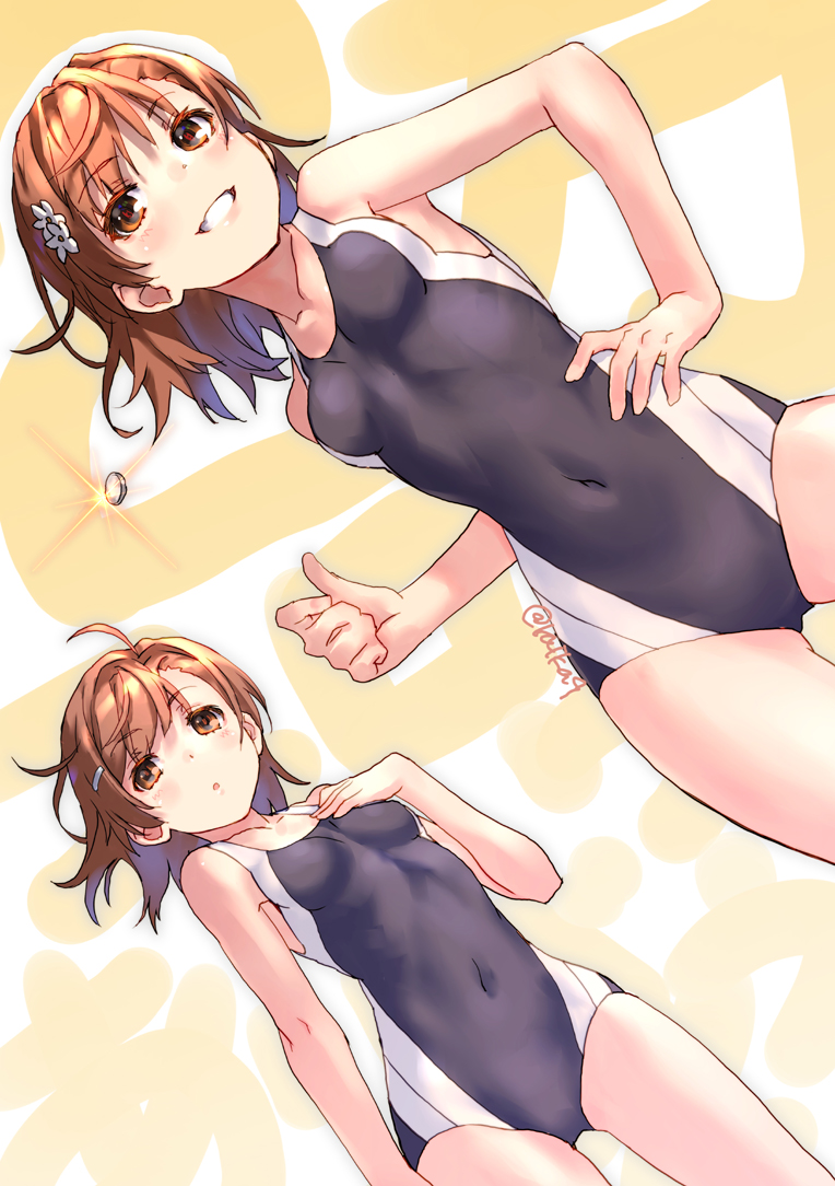 2girls :o ahoge bangs bare_arms bare_shoulders black_swimsuit breasts brown_eyes brown_hair coin competition_swimsuit covered_navel dutch_angle eyebrows_visible_through_hair flower grin hair_flower hair_ornament hairclip hand_on_hip hand_on_own_chest hand_up misaka_mikoto multiple_girls one-piece_swimsuit parted_lips raika9 small_breasts smile swimsuit to_aru_kagaku_no_railgun to_aru_majutsu_no_index twitter_username white_flower