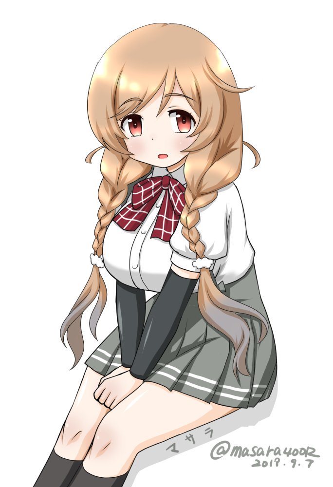 1girl arm_warmers black_legwear black_sailor_collar bow bowtie braid brown_eyes cloud_hair_ornament dated feet_out_of_frame grey_skirt kantai_collection kneehighs light_brown_hair long_hair low_twin_braids masara_(masalucky2010) minegumo_(kantai_collection) plaid_neckwear pleated_skirt red_eyes red_neckwear sailor_collar shirt sitting skirt solo suspender_skirt suspenders twin_braids twitter_username white_background white_shirt