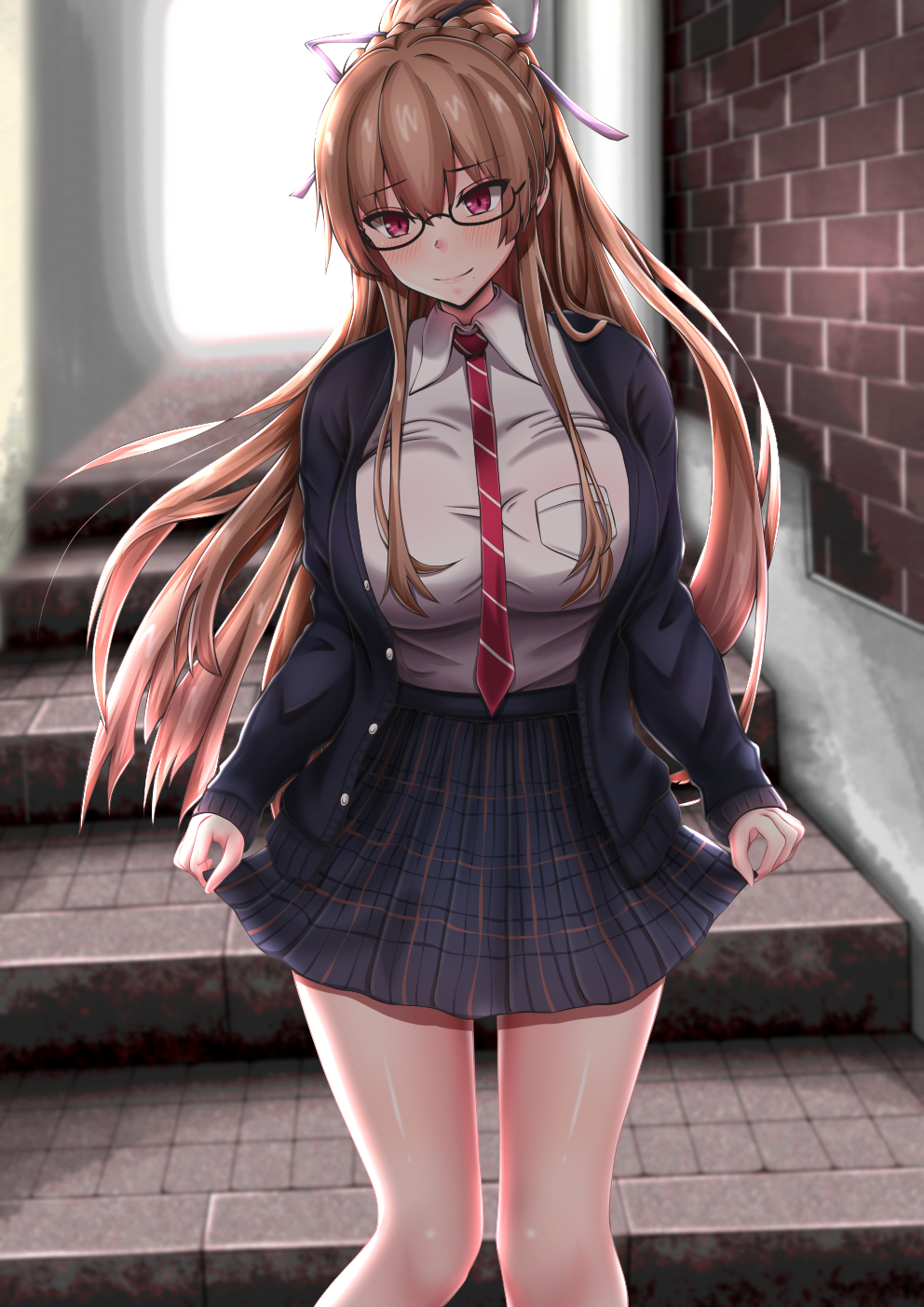 1girl azur_lane bespectacled blazer blush braid breasts brown_hair commentary_request glasses highres jacket large_breasts long_hair moepush necktie pleated_skirt ponytail red_eyes school_uniform skirt solo swiftsure_(azur_lane) swiftsure_(secluded_cyclamen)_(azur_lane)