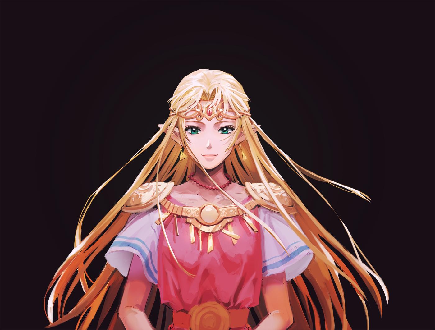1girl bangs blonde_hair blue_eyes bracer cape circlet dress earrings jewelry long_hair looking_at_viewer necklace pointy_ears princess_zelda simple_background smile solo sophie_(693432) the_legend_of_zelda the_legend_of_zelda:_a_link_between_worlds the_legend_of_zelda:_a_link_to_the_past tiara