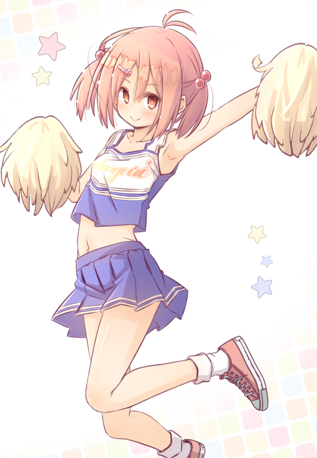 1girl antenna_hair armpits bangs bare_shoulders blue_skirt blue_tank_top blush bobby_socks brown_eyes brown_hair cheerleader closed_mouth commentary_request eyebrows_visible_through_hair fujisaki_yuu hair_between_eyes hair_bobbles hair_ornament hairclip holding looking_at_viewer midriff navel original outstretched_arm pleated_skirt pom_poms red_footwear shoes skirt smile socks solo star starry_background tank_top twintails white_background white_legwear