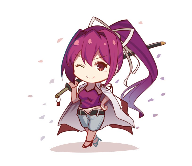 1girl ;) arito_arayuru blush blush_stickers breasts camisole capri_pants chibi closed_mouth eyebrows_visible_through_hair hair_intakes hair_ornament hair_ribbon jacket_on_shoulders long_hair looking_at_viewer one_eye_closed ootachi open_fly pants pants_rolled_up ponytail purple_hair red_eyes ribbon sheath sheathed simple_background smile solo sword under_night_in-birth weapon white_background yuzuriha_(under_night_in-birth)