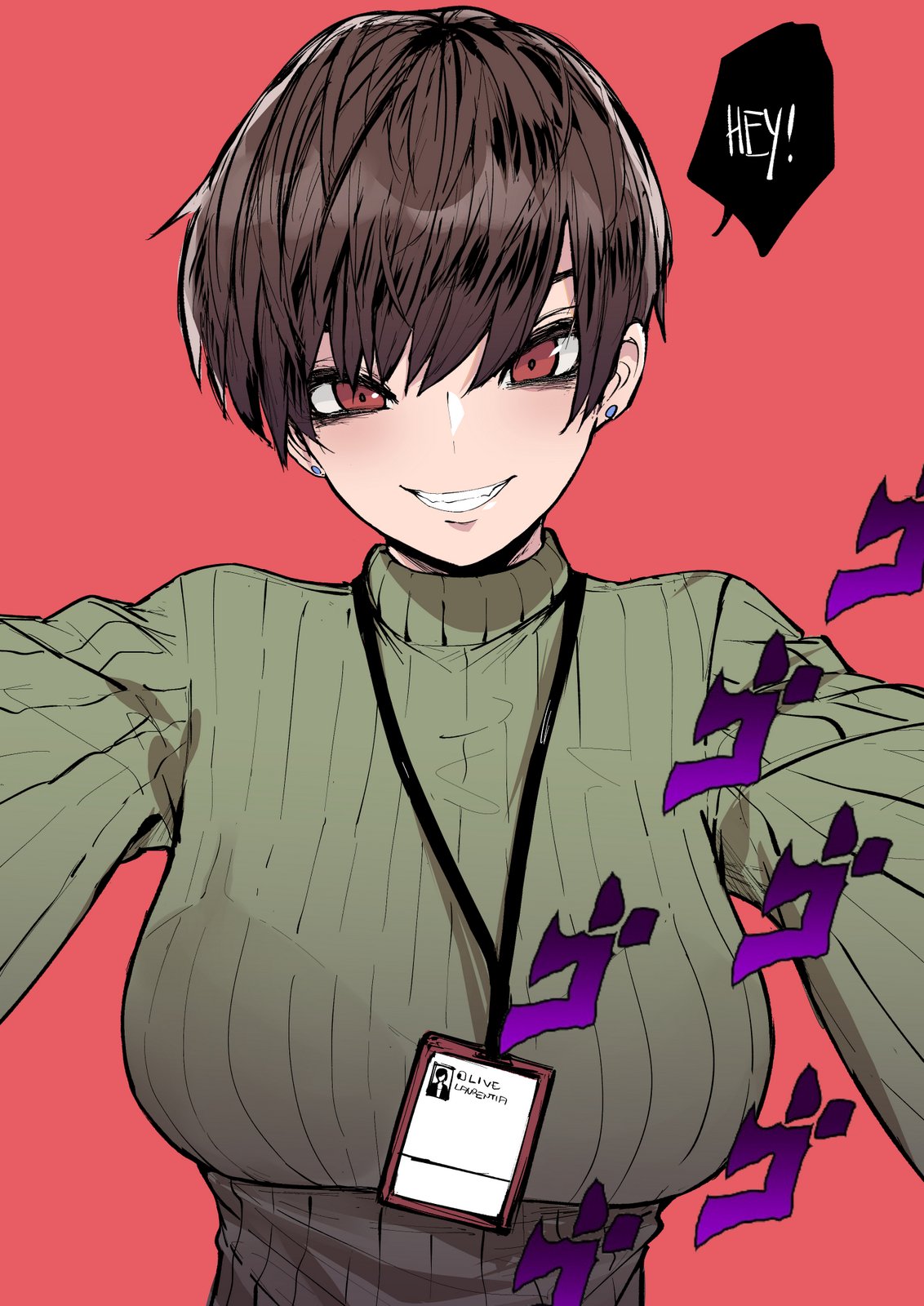 1girl bangs breasts brown_eyes brown_hair clenched_teeth earrings english_commentary green_sweater grin hair_between_eyes highres id_card jewelry lanyard large_breasts looking_at_viewer norman_maggot olive_laurentia original outstretched_arms pixie_cut red_background ribbed_sweater short_hair smile sweater teeth turtleneck turtleneck_sweater