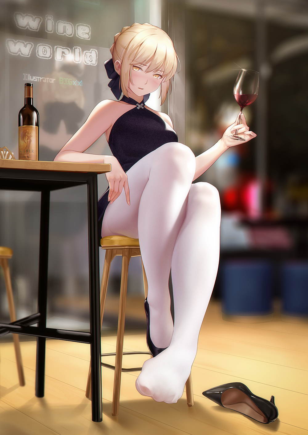 1girl alcohol artoria_pendragon_(all) bangs bar_stool bare_arms bare_shoulders black_bow black_dress black_footwear blonde_hair blurry blurry_background blush bottle bow braid breasts character_name collarbone commentary cup depth_of_field dress drinking_glass eyebrows_visible_through_hair fate/stay_night fate_(series) hair_between_eyes hair_bow halterneck high_heels highres holding holding_cup indoors looking_at_viewer maou_renjishi nose_blush orange_eyes pantyhose parted_lips saber shoe_removed shoes sidelocks single_shoe sitting sleeveless sleeveless_dress small_breasts solo stool table white_legwear wine wine_bottle wine_glass wooden_floor