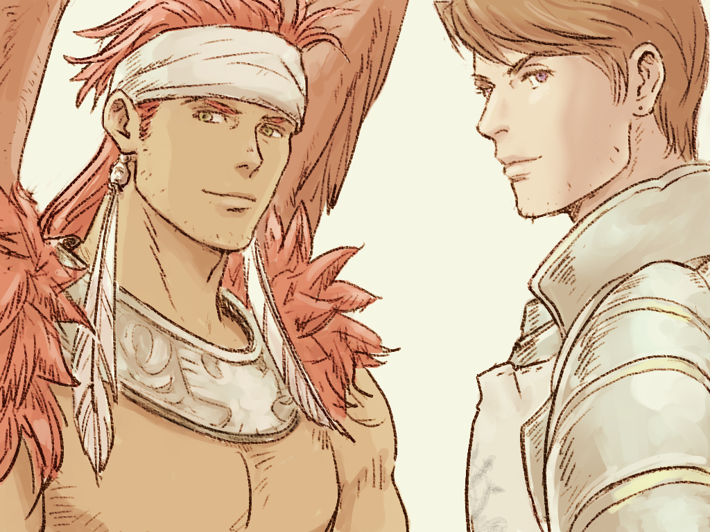 2boys armor brown_eyes brown_wings canopus_wolph facial_hair feathered_wings headband male_focus mildain_walhorn multiple_boys redhead shirtless standing stubble tactics_ogre upper_body white_headband windcaller wings