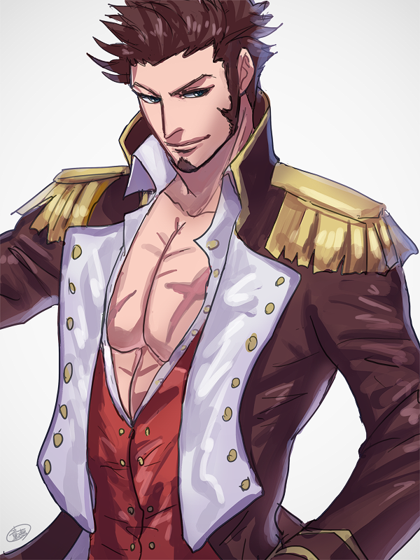 1boy abs bara beard blue_eyes brown_hair chest collared_jacket doumu_(airen) epaulettes facial_hair fate/grand_order fate_(series) hand_on_hip jacket long_sleeves looking_to_the_side male_focus military military_uniform muscle napoleon_bonaparte_(fate/grand_order) open_clothes open_jacket pectorals scar sideburns smile solo uniform upper_body