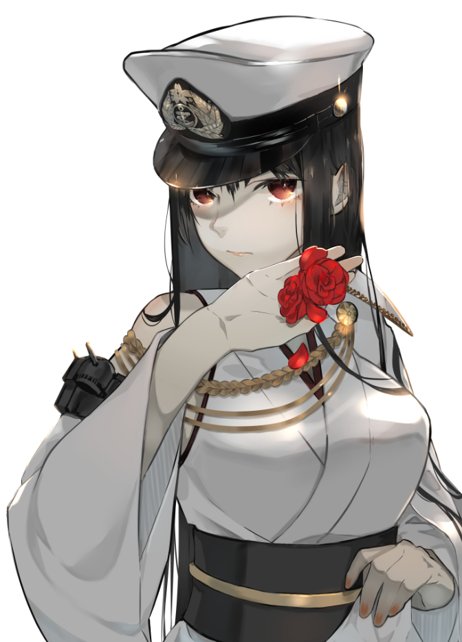 1girl black_hair breasts detached_sleeves fusou_(kantai_collection) hat japanese_clothes kantai_collection large_breasts long_hair nello_(luminous_darkness) nontraditional_miko peaked_cap red_eyes simple_background solo upper_body white_background white_skin