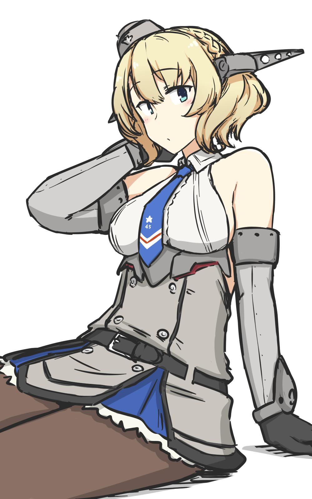 1girl black_gloves black_legwear blonde_hair blue_eyes blue_neckwear breasts colorado_(kantai_collection) commentary_request cowboy_shot dress elbow_gloves garrison_cap gloves grey_dress grey_headwear hamu_koutarou hat headgear highres kantai_collection large_breasts looking_at_viewer necktie pantyhose pleated_dress shirt short_hair side_braids sideboob simple_background sitting sleeveless solo white_background white_shirt