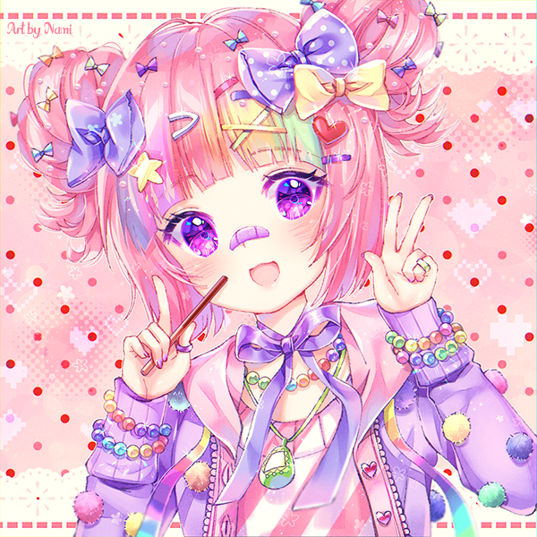 1girl bandaid bandaid_on_nose blonde_hair blue_bow bow commission double_bun food gradient_hair green_hair hair_bow hair_ornament hairclip hands_up heart holding holding_food index_finger_raised jacket jewelry long_sleeves multicolored_hair natsumii_chan open_clothes open_jacket original pink_background pink_hair pink_sweater pocky polka_dot polka_dot_background polka_dot_bow purple_bow purple_hair purple_jacket ring shirt sleeves_past_wrists solo sweater violet_eyes w white_bow x_hair_ornament yellow_bow