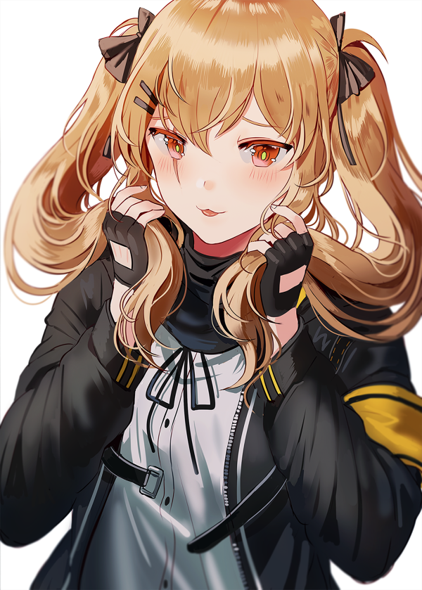 1girl :3 bangs black_gloves blush breasts brown_hair fingerless_gloves girls_frontline gloves hair_between_eyes hair_ornament hairclip holding holding_hair jacket long_hair looking_at_viewer red_eyes ribbon scar scar_across_eye scarf shirt silence_girl simple_background smile tongue tongue_out twintails ump9_(girls_frontline) underwear white_background white_shirt