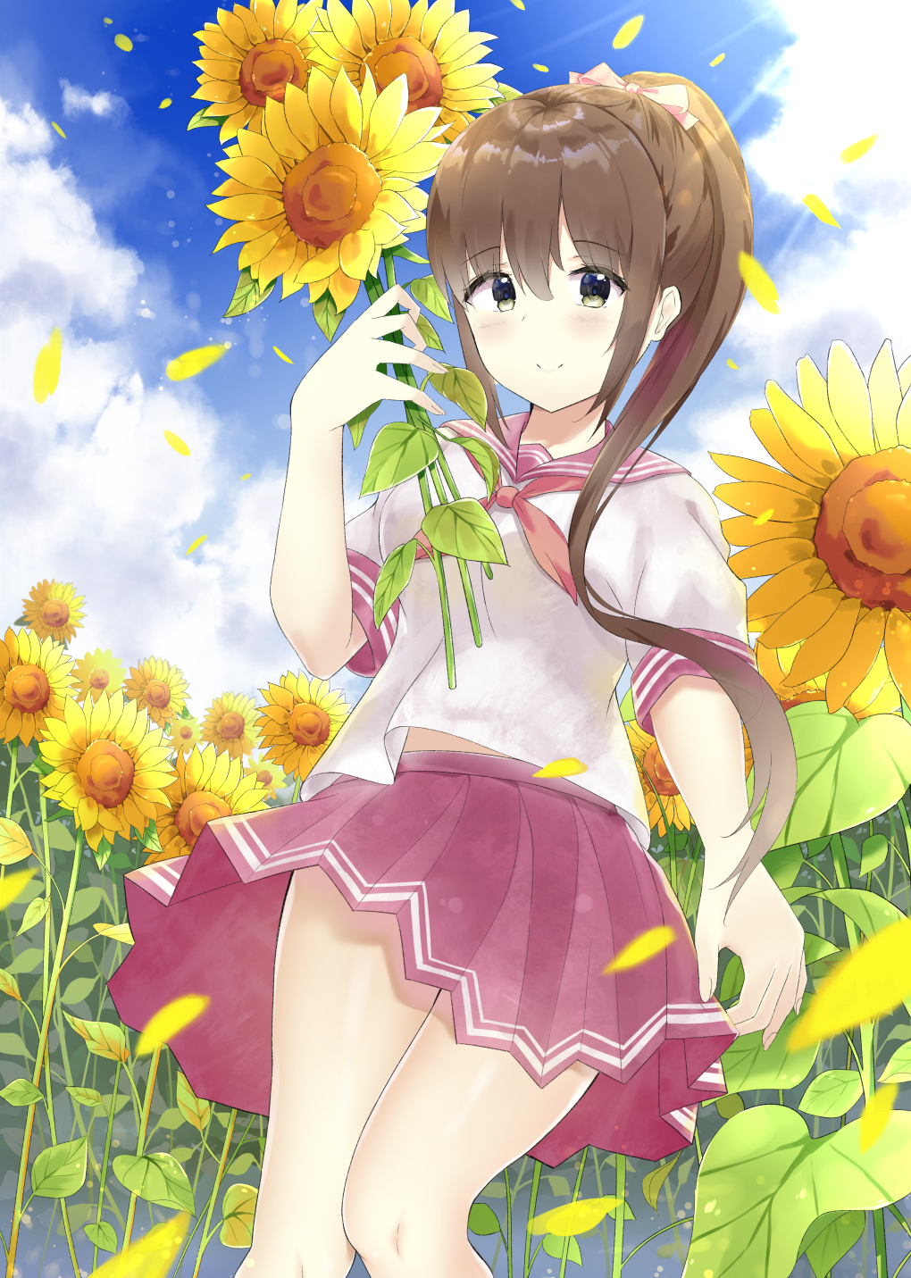 1girl 7_calpis_7 bangs blue_sky blush bow brown_eyes brown_hair closed_mouth clouds cloudy_sky commentary_request day eyebrows_visible_through_hair fingernails flower hair_between_eyes hair_bow hand_up high_ponytail highres holding holding_flower long_hair looking_at_viewer neckerchief original outdoors petals pink_bow pink_sailor_collar pink_skirt pleated_skirt ponytail red_neckwear sailor_collar school_uniform serafuku shirt short_sleeves sidelocks skirt sky smile solo sunflower very_long_hair white_shirt yellow_flower