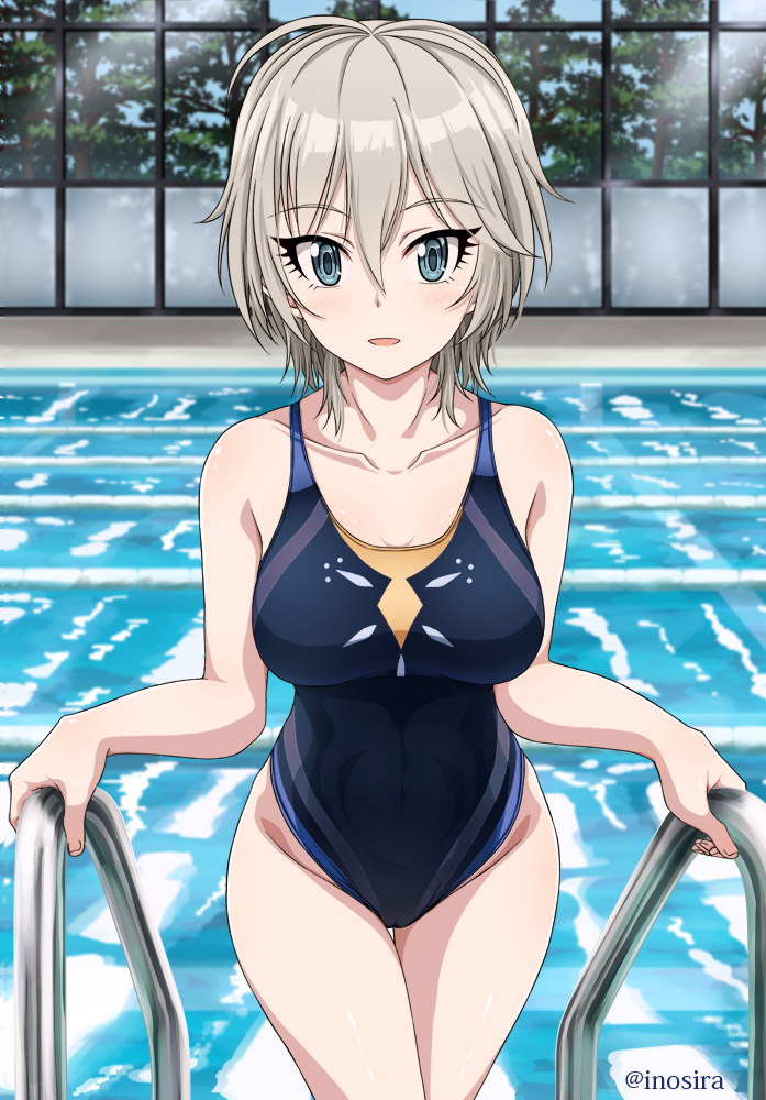 1girl anastasia_(idolmaster) black_swimsuit blue_eyes breasts collarbone commentary_request competition_swimsuit cowboy_shot idolmaster idolmaster_cinderella_girls indoors inoshira looking_at_viewer medium_breasts one-piece_swimsuit open_mouth pool pool_ladder short_hair silver_hair solo swimsuit thigh_gap tree twitter_username