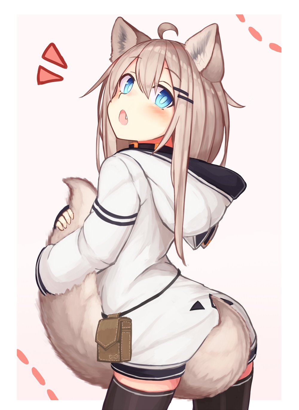 animal_ear_fluff animal_ears between_legs black_legwear blue_eyes commentary_request fang hair_ornament hairclip highres hood hood_down hoodie light_brown_hair long_hair long_sleeves looking_at_viewer looking_back naked_hoodie open_mouth original pouch reitou_mikan tail tail_between_legs tail_hold thigh-highs