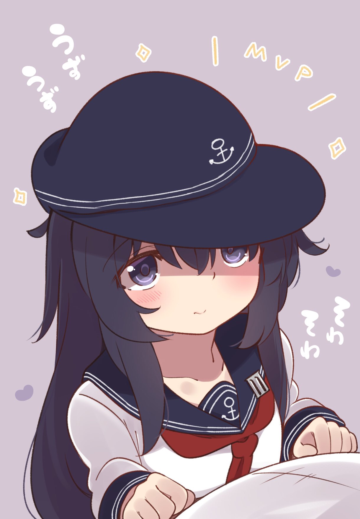 1girl 1other akatsuki_(kantai_collection) anchor_symbol badge black_hair commentary_request flat_cap hair_between_eyes hat highres kantai_collection long_hair neckerchief purple_background red_neckwear school_uniform serafuku simple_background suzuki_toto translated upper_body violet_eyes