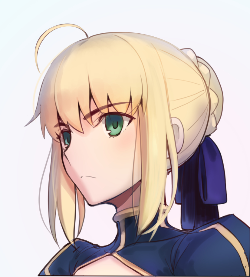 1girl ahoge artoria_pendragon_(all) bangs blonde_hair blue_ribbon boa_(brianoa) braid braided_bun closed_mouth eyebrows_visible_through_hair fate/stay_night fate_(series) frown green_eyes hair_ribbon portrait ribbon saber short_hair simple_background solo white_background