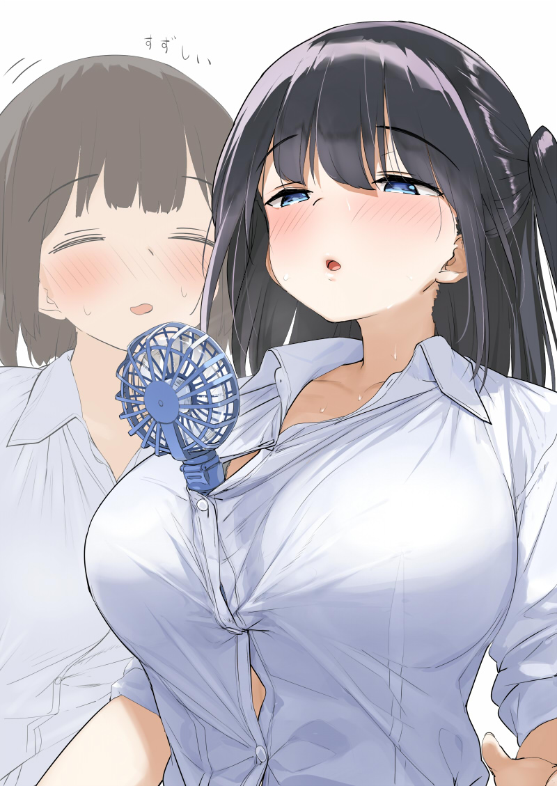 2girls bangs between_breasts black_hair blue_eyes blush bra bra_peek breasts brown_hair buttons closed_eyes collarbone commentary dress_shirt electric_fan hair_between_eyes hot kaisen_chuui large_breasts long_hair long_sleeves multiple_girls open_collar open_mouth original school_uniform shirt short_hair side_ponytail simple_background sweat underwear upper_body white_background white_shirt