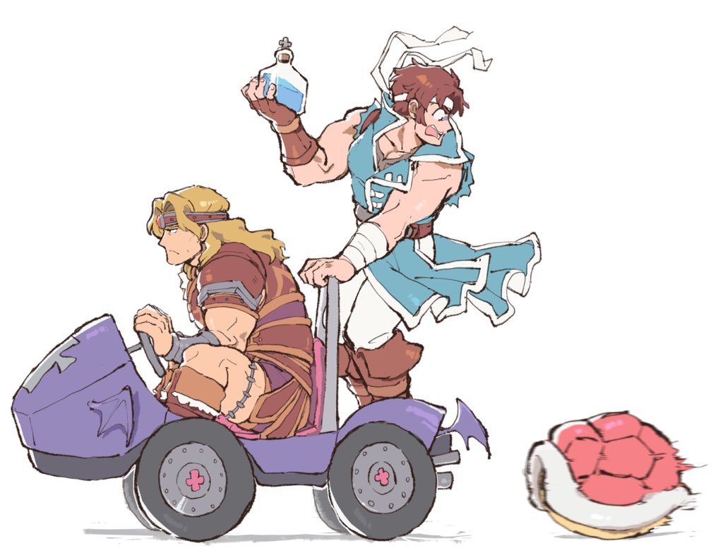 2boys akiyoku belt black_hair blonde_hair blue_eyes brown_hair cape castlevania castlevania:_symphony_of_the_night gloves headband kart konami koopa_troopa long_hair male_focus mario_kart multiple_boys nintendo nintendo_ead open_mouth parody richter_belmondo shell short_hair simon_belmondo simple_background sora_(company) super_smash_bros. turtle_shell weapon whip