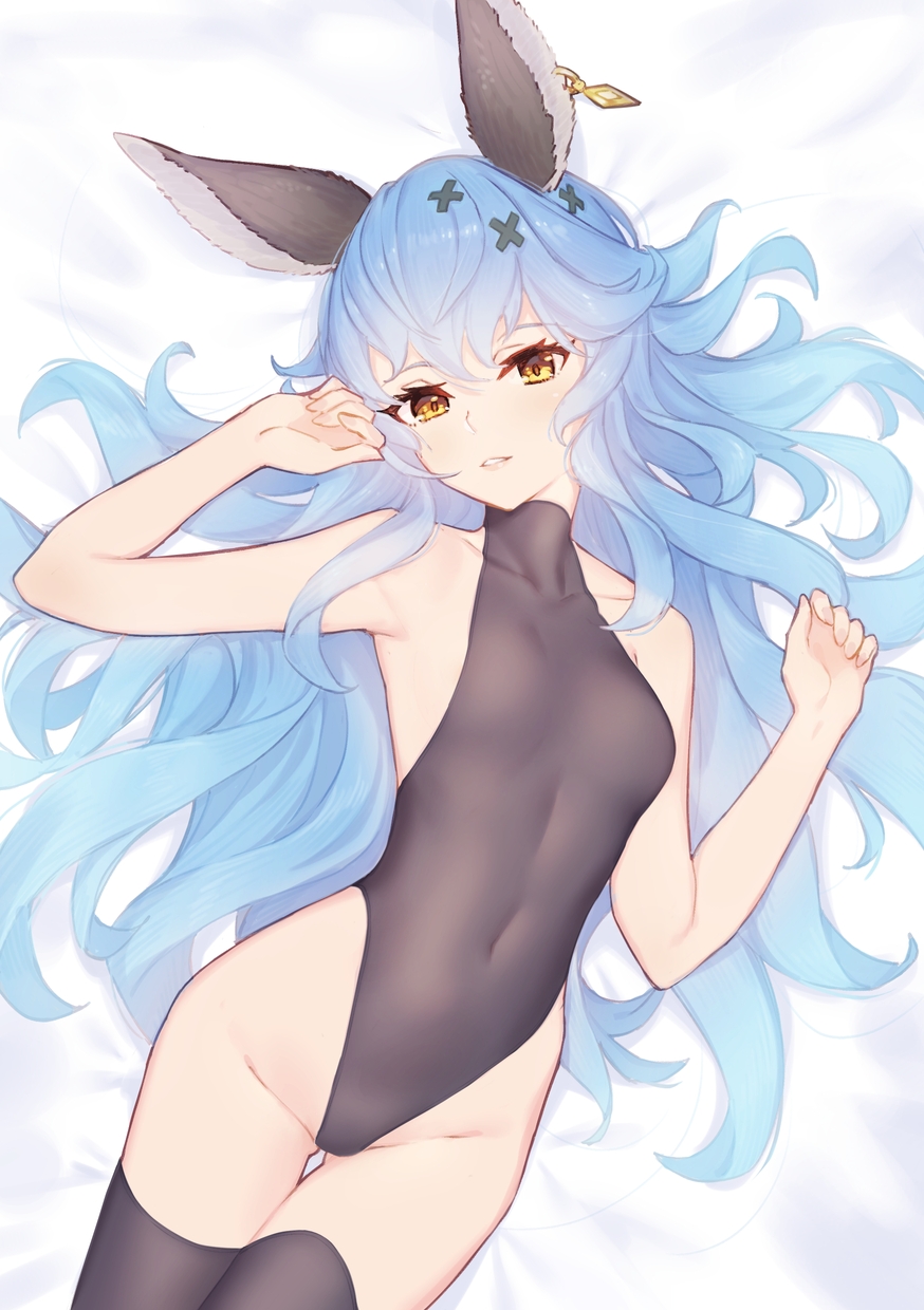 1girl animal_ears ass_visible_through_thighs bangs black_legwear blue_hair blush breasts collarbone covered_navel erune ferry_(granblue_fantasy) granblue_fantasy hair_between_eyes hair_ornament highres jewelry lips long_hair looking_at_viewer lying on_back parted_lips rabbit_ears single_earring small_breasts solo thigh-highs thigh_gap wavy_hair x_hair_ornament yellow_eyes yellowpaint.