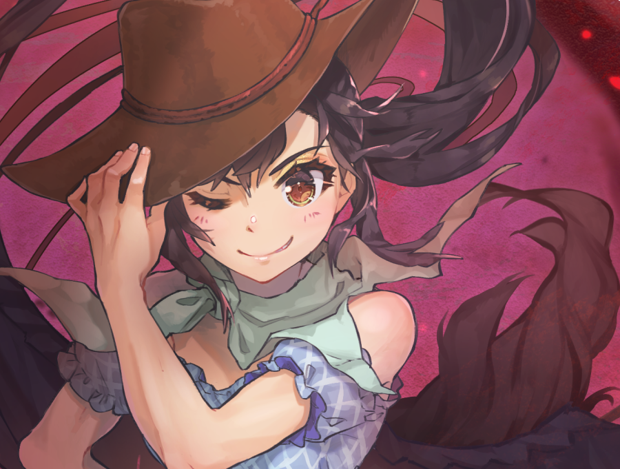 1girl ;) adjusting_clothes adjusting_hat bandana bangs bare_shoulders black_hair black_wings blue_shirt brown_eyes brown_headwear commentary_request cowboy_hat feathered_wings hand_up hat kurokoma_saki long_hair looking_at_viewer off-shoulder_shirt off_shoulder one_eye_closed shirt short_sleeves smile solo syuri22 touhou upper_body wings