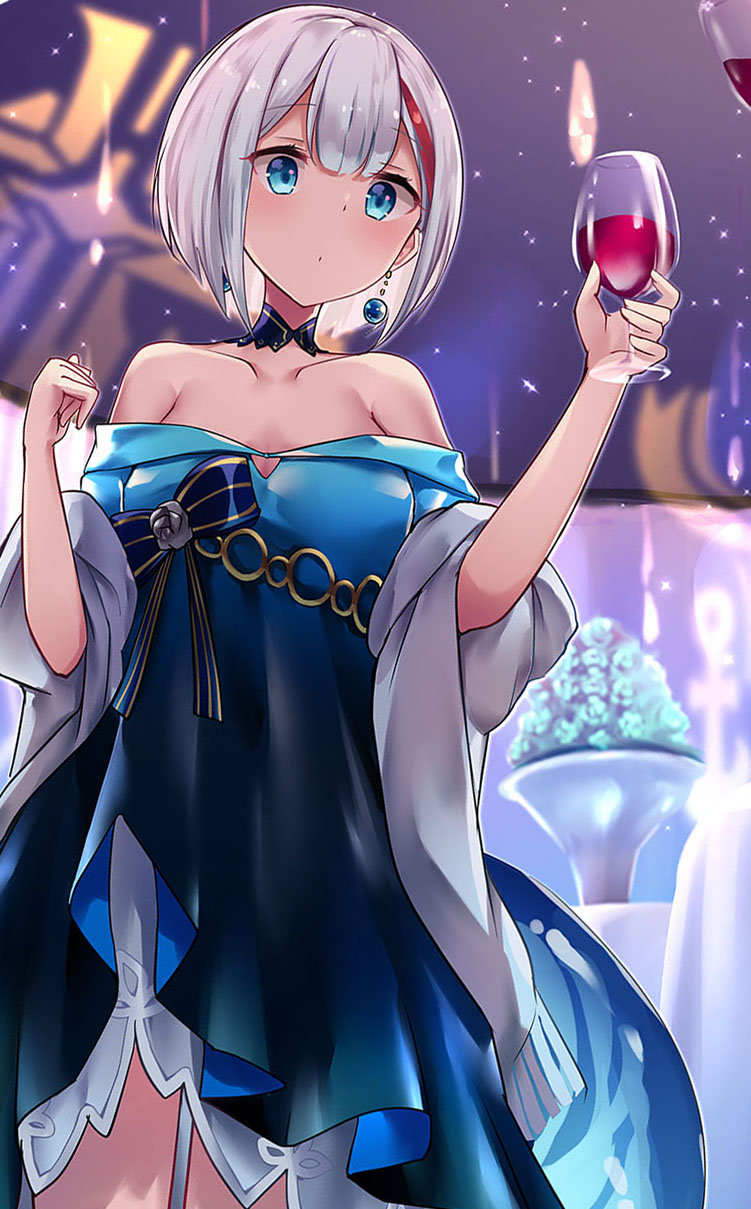 1girl admiral_graf_spee_(a_novel_anniversary)_(azur_lane) admiral_graf_spee_(azur_lane) alcohol alternate_costume anniversary azur_lane bare_shoulders blue_dress blue_eyes blurry breasts closed_mouth commentary_request cowboy_shot cup depth_of_field dress drinking_glass earrings hands_up highres holding holding_cup jewelry looking_at_viewer medium_breasts multicolored_hair off-shoulder_dress off_shoulder oshishio plant redhead short_hair silver_hair solo standing streaked_hair wine wine_glass