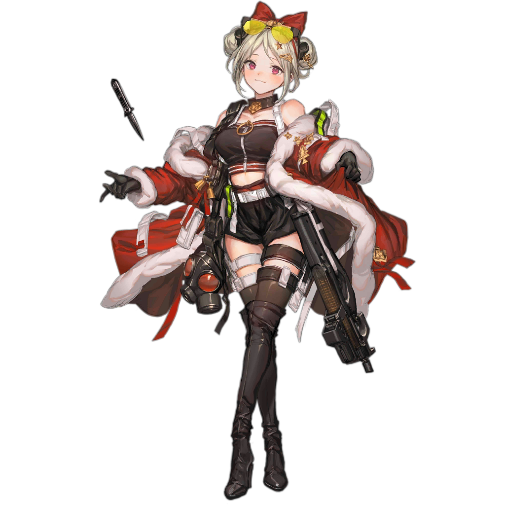 1girl alternate_costume bangs bare_shoulders bell belt black_footwear black_gloves black_legwear black_shorts blonde_hair blush boots bow breasts bullpup choker closed_mouth coat coat_lift collarbone crossed_legs double_bun eyewear_on_head full_body fur-trimmed_coat fur_trim gas_mask girls_frontline gloves gun hair_bow hair_ornament jingle_bell lm7_(op-center) looking_at_viewer off_shoulder official_art open_clothes open_coat p90 p90_(girls_frontline) red_bow red_coat red_eyes short_shorts shorts smile snap-fit_buckle solo standing star star_hair_ornament strap strapless submachine_gun sunglasses thigh-highs thigh_boots thigh_strap transparent_background tubetop watson_cross weapon