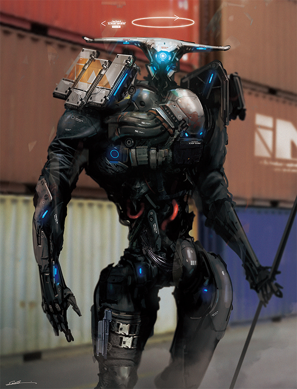 android commentary cyborg energy_gun esuthio exoskeleton mecha mechanical mechanical_arms no_humans original power_armor power_suit robot science_fiction super_robot weapon