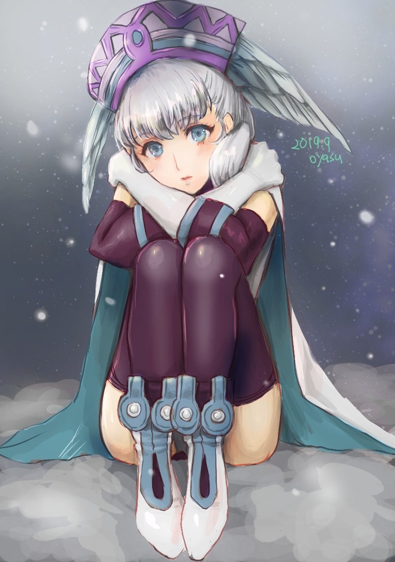 1girl blue_eyes blush breasts cape curly_hair elbow_gloves gloves hat head_wings long_hair looking_at_viewer medium_breasts melia oyasu_(kinakoyamamori) silver_hair simple_background smile solo thigh-highs xenoblade_(series) xenoblade_1