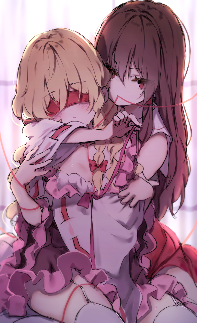 2girls bangs bare_shoulders blindfold blonde_hair blush bow braid brown_hair commentary curtains detached_sleeves eyebrows_visible_through_hair facing_viewer garter_straps hair_bow hair_tubes hakurei_reimu hand_up hug hug_from_behind indoors kirisame_marisa long_hair long_sleeves looking_at_viewer mouth_hold multiple_girls no_hat no_headwear piyokichi red_bow red_eyes red_skirt red_string sidelocks single_braid sitting skirt string thigh-highs touhou white_background wide_sleeves yuri zettai_ryouiki