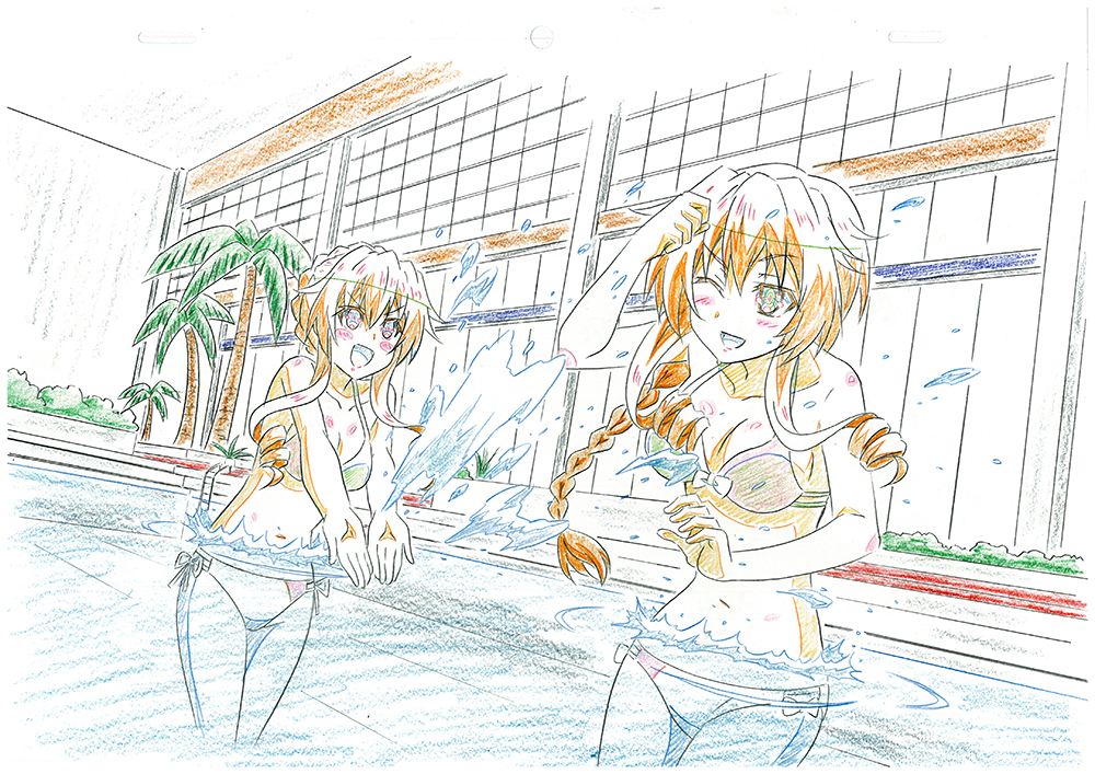 2girls akitsuki_kanna bikini braid breasts date_a_live drill_hair french_braid graphite_(medium) long_hair medium_breasts multiple_girls open_mouth pencil playing pool swimsuit traditional_media twin_drills yamai_kaguya yamai_yuzuru