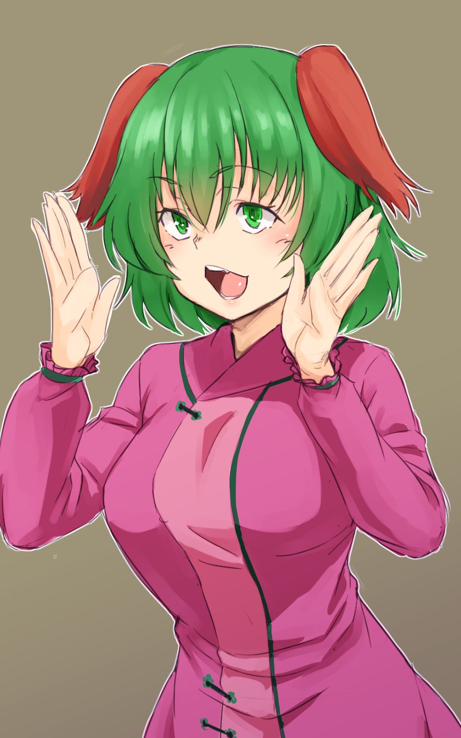 1girl :d alternate_breast_size animal_ears bangs blush breasts commentary_request dress eyebrows_visible_through_hair green_eyes green_hair grey_background hair_between_eyes hands_up highres kakone kasodani_kyouko large_breasts long_sleeves open_mouth outline pink_dress short_hair simple_background smile solo touhou upper_body white_outline
