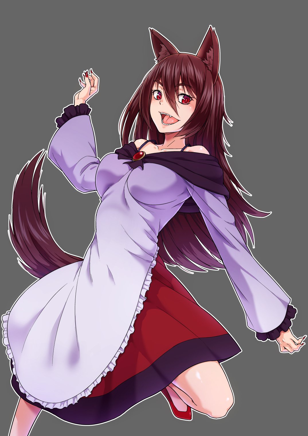 1girl :d animal_ear_fluff animal_ears bangs bare_shoulders blush breasts brooch brown_hair collarbone commentary_request dress eyebrows_visible_through_hair fang feet_out_of_frame fingernails frills grey_background hair_between_eyes hand_up highres imaizumi_kagerou jewelry kakone long_hair looking_at_viewer medium_breasts nail_polish off-shoulder_dress off_shoulder open_mouth outline red_eyes red_footwear red_nails sharp_fingernails shoes simple_background smile solo tail touhou white_dress white_outline wolf_ears wolf_tail