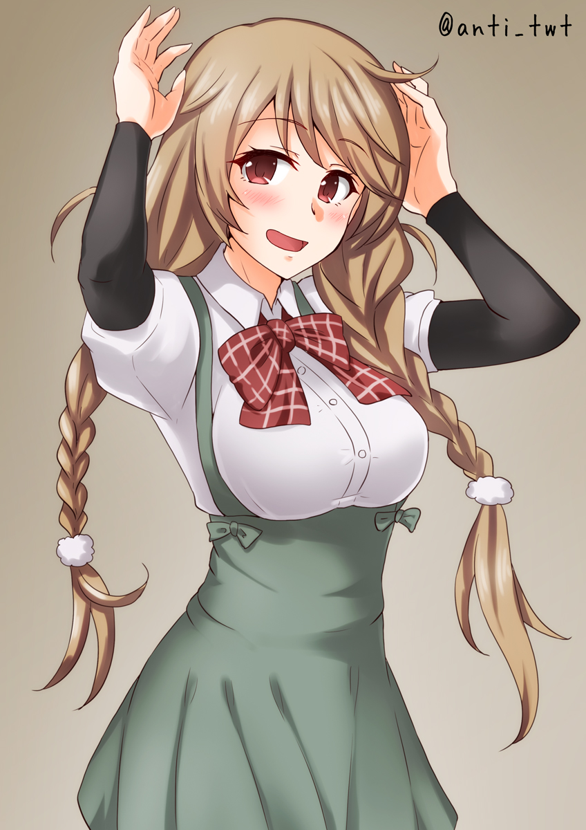 1girl anti_(untea9) arm_warmers beige_dress blush bow bowtie braid breasts brown_background brown_eyes buttons cloud_hair_ornament collared_shirt cowboy_shot dress_shirt gradient gradient_background gradient_hair hands_up highres kantai_collection light_brown_hair long_hair looking_at_viewer low_twin_braids medium_breasts minegumo_(kantai_collection) multicolored_hair open_mouth plaid_neckwear pleated_skirt red_eyes red_neckwear red_ribbon ribbon shirt short_sleeves skirt smile solo suspender_skirt suspenders twin_braids twitter_username white_shirt