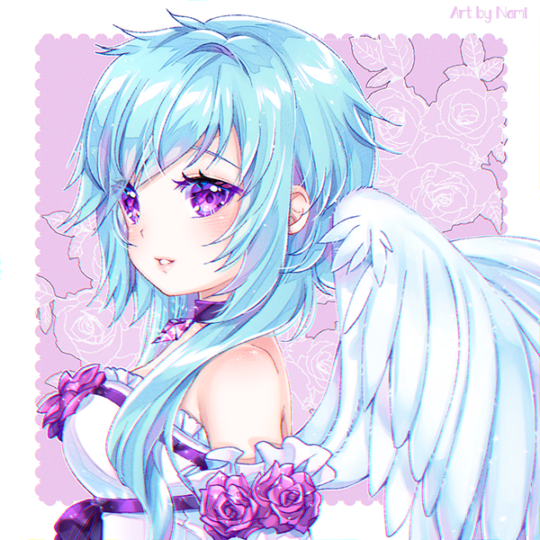 1girl bangs bare_shoulders blue_hair bow breasts choker commission dress eyebrows_behind_hair feathered_wings floral_background flower long_hair medium_breasts natsumii_chan original pink_background purple_bow purple_choker purple_flower purple_rose rose sidelocks solo strapless strapless_dress two-tone_background violet_eyes white_background white_dress white_wings wings