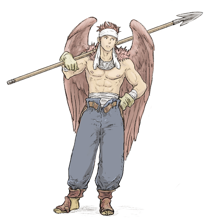 1boy abs belt blue_pants brown_footwear brown_wings canopus_wolph chest feathered_wings full_body headband male_focus pants polearm shirtless sideways_glance solo spear standing tactics_ogre weapon white_background white_headband windcaller wings