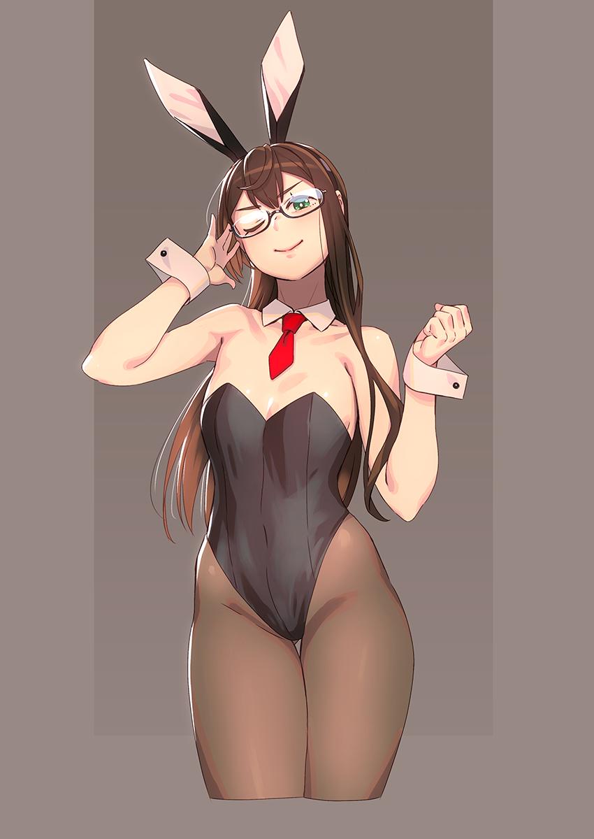 1girl adjusting_eyewear alternate_costume animal_ears black_hair black_leotard breasts brown_background bunnysuit commentary_request cowboy_shot cropped_torso detached_collar glint green_eyes highleg highleg_leotard highres kantai_collection leotard long_hair looking_at_viewer necktie one_eye_closed ooyodo_(kantai_collection) pantyhose rabbit_ears red_neckwear semi-rimless_eyewear small_breasts smug solo standing strapless strapless_leotard two-tone_background under-rim_eyewear wrist_cuffs yuuji_(and)